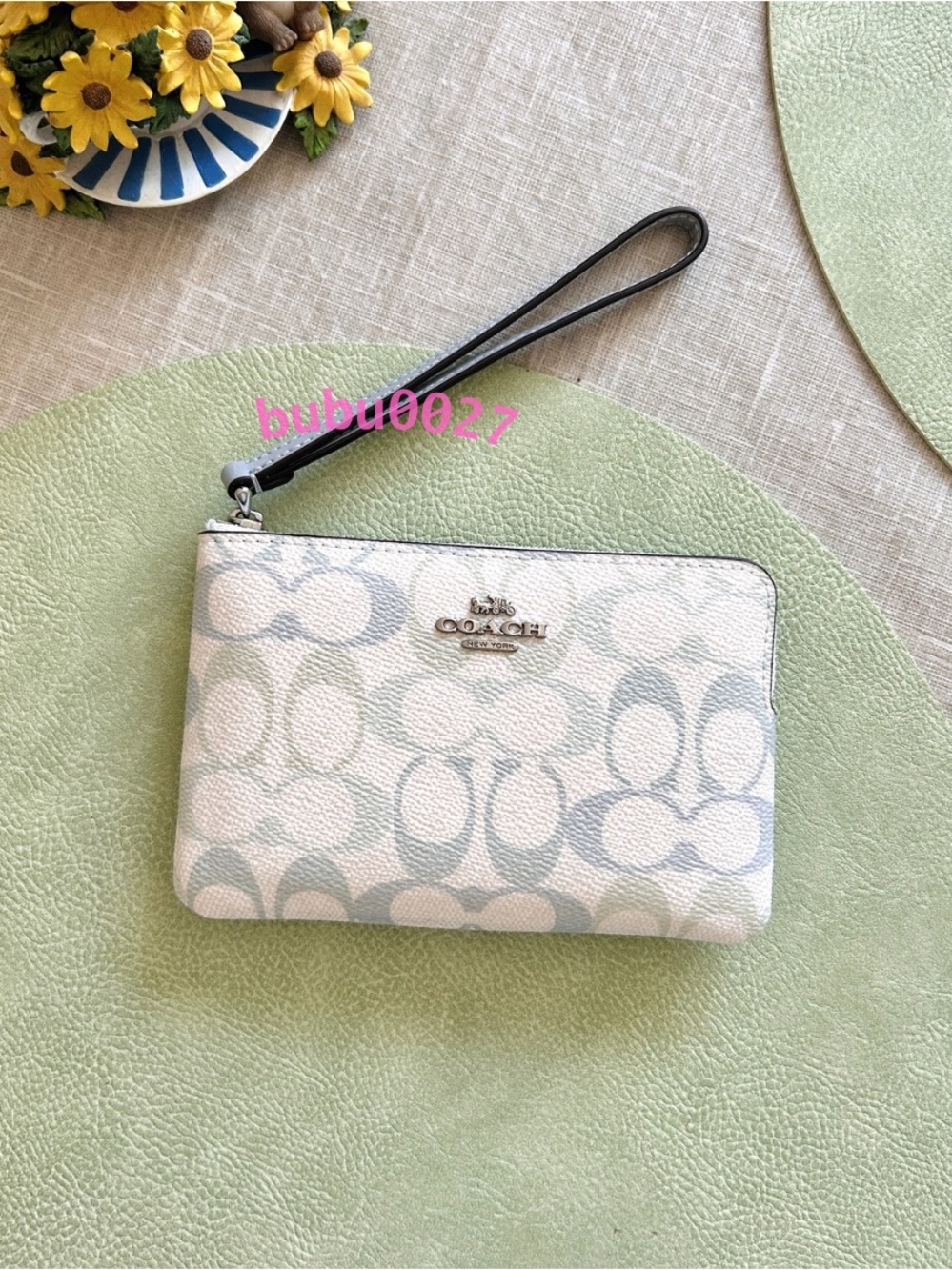 NWT🎏Coach Corner Zip Wristlet In Signature Canvas Light Blue CEF73 Everyday Gift